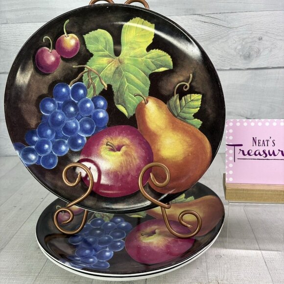 Furio Home EDEN Brown With Fruit Center Coupe Smooth 11" Dinner Plates Set of 3 - Picture 1 of 16